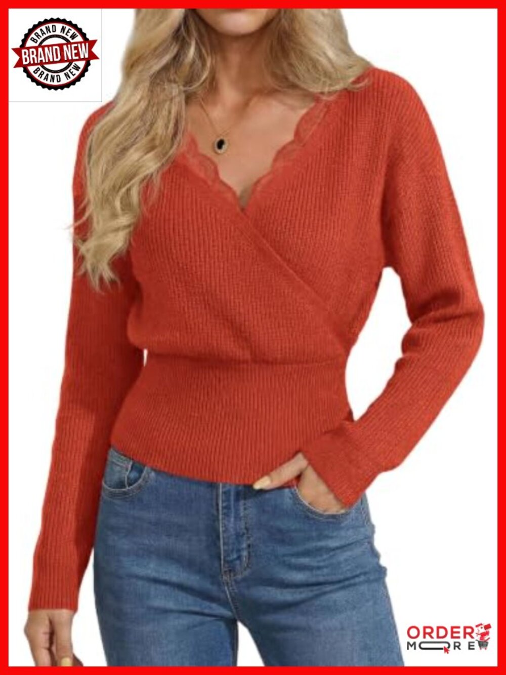 V-Neck Wrap Sweater Cropped Lace Trim Long Sleeve Pullover